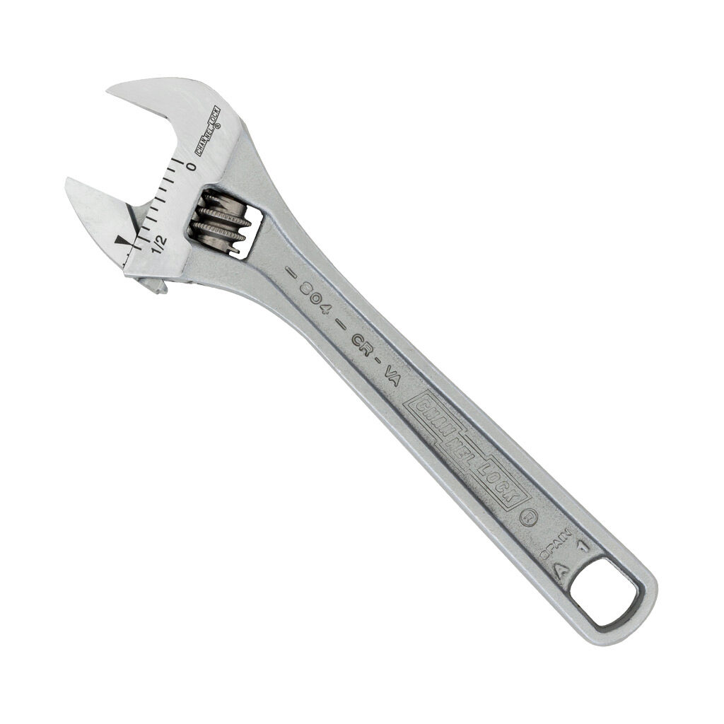 804 - CHANNELLOCK adjustable wrench, 0-1/2in, 4.5in (114mm) overall length, 4-thread knurl adjuster and laser engraved measurement scales.