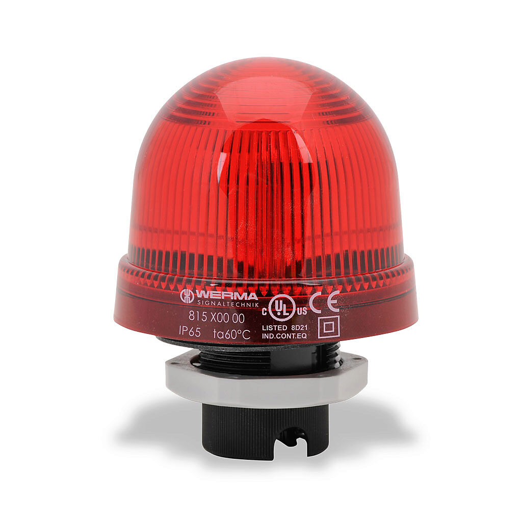 81510000 - WERMA incandescent industrial signal beacon, 75mm, red, permanent, IP65, 37mm (PG 29) mount, 12-240 VAC/VDC. Requires incandescent bulb.