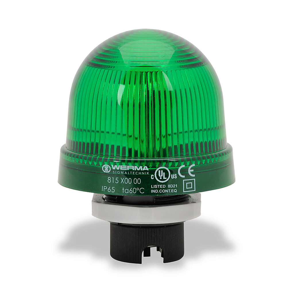 81520000 - WERMA incandescent industrial signal beacon, 75mm, green, permanent, IP65, 37mm (PG 29) mount, 12-240 VAC/VDC. Requires incandescent bulb.