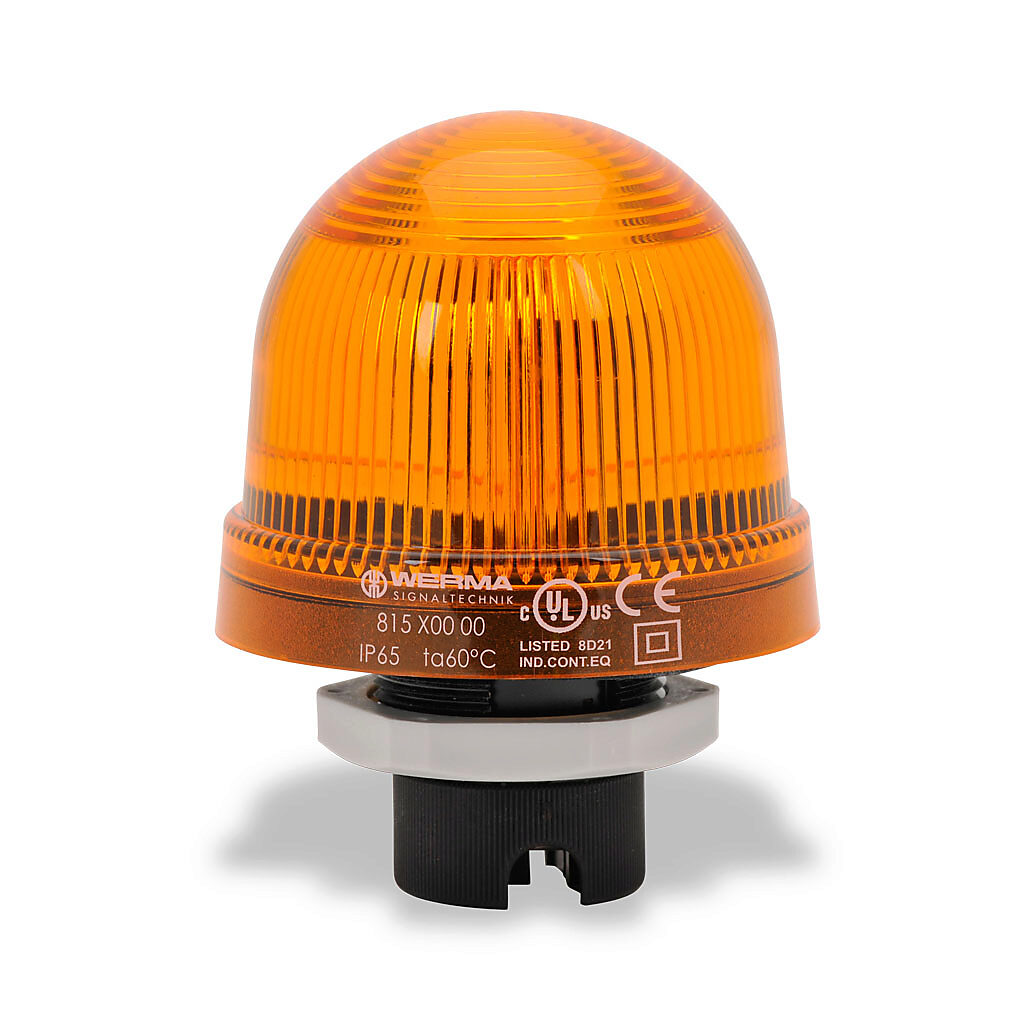 81530000 - WERMA incandescent industrial signal beacon, 75mm, yellow, permanent, IP65, 37mm (PG 29) mount, 12-240 VAC/VDC. Requires incandescent bulb.
