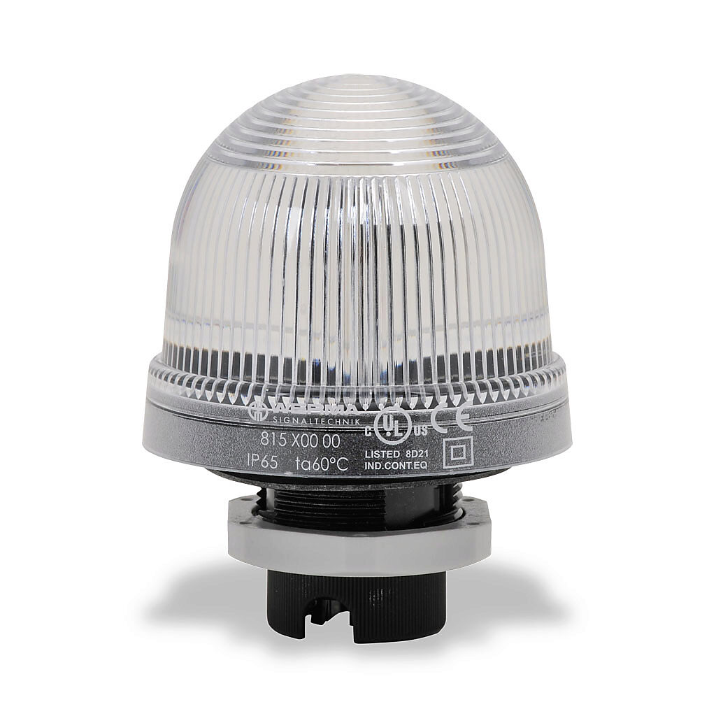 81540000 - WERMA incandescent industrial signal beacon, 75mm, clear/white, permanent, IP65, 37mm (PG 29) mount, 12-240 VAC/VDC. Requires incandescent bulb.