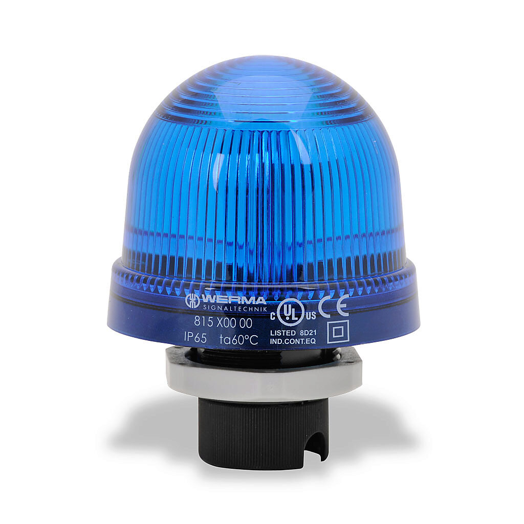 81550000 - WERMA incandescent industrial signal beacon, 75mm, blue, permanent, IP65, 37mm (PG 29) mount, 12-240 VAC/VDC. Requires incandescent bulb.