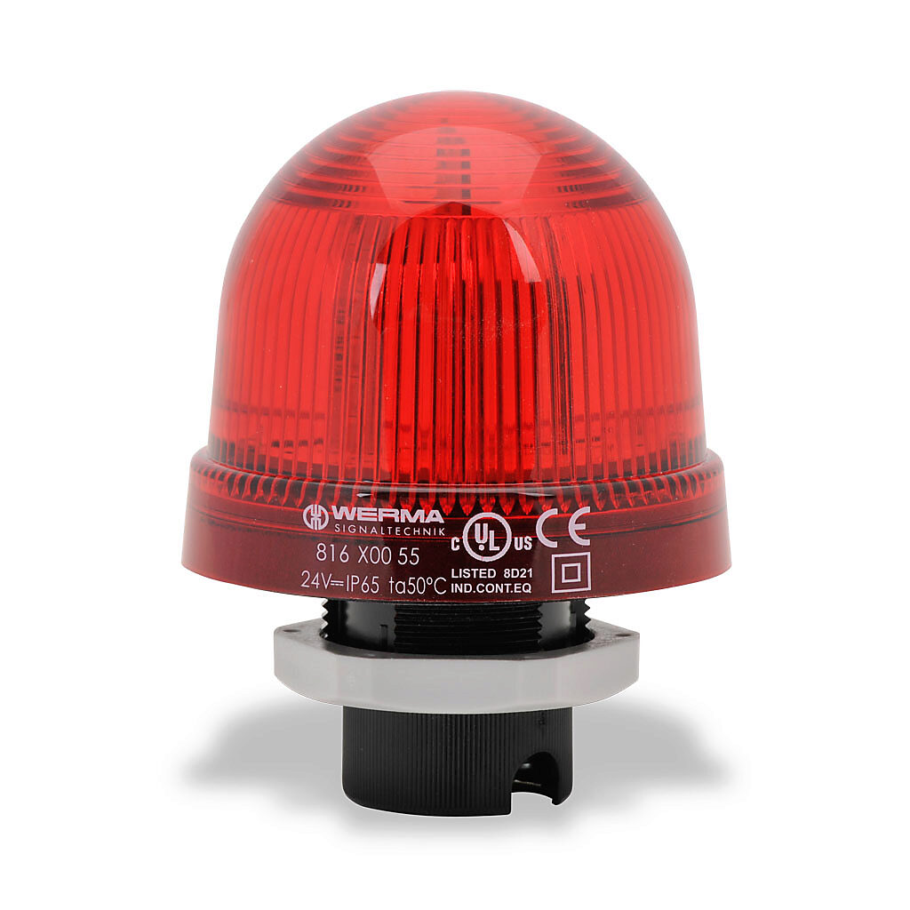 81610055 - WERMA LED industrial signal beacon, 75mm, red, permanent, IP65, 37mm (PG 29) mount, 24 VAC/VDC.