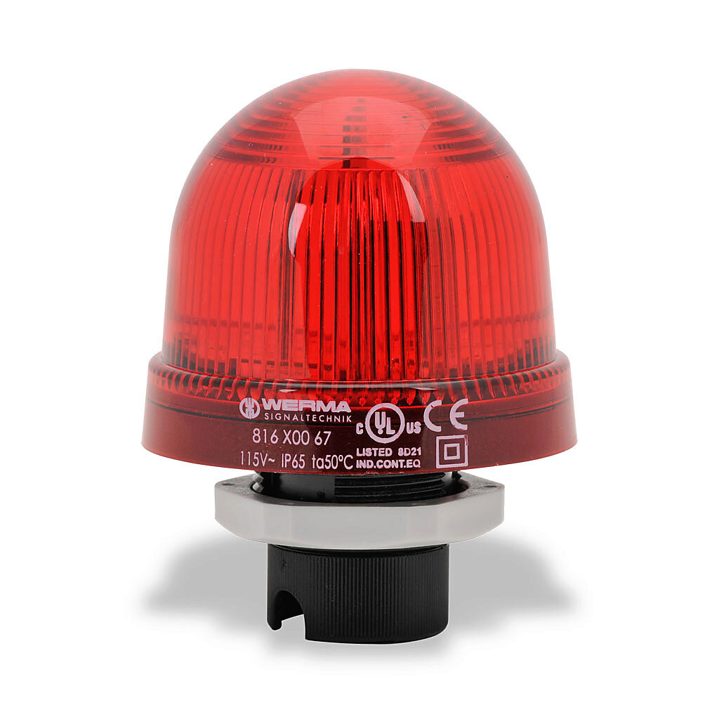 81610067 - WERMA LED industrial signal beacon, 75mm, red, permanent, IP65, 37mm (PG 29) mount, 115 VAC.