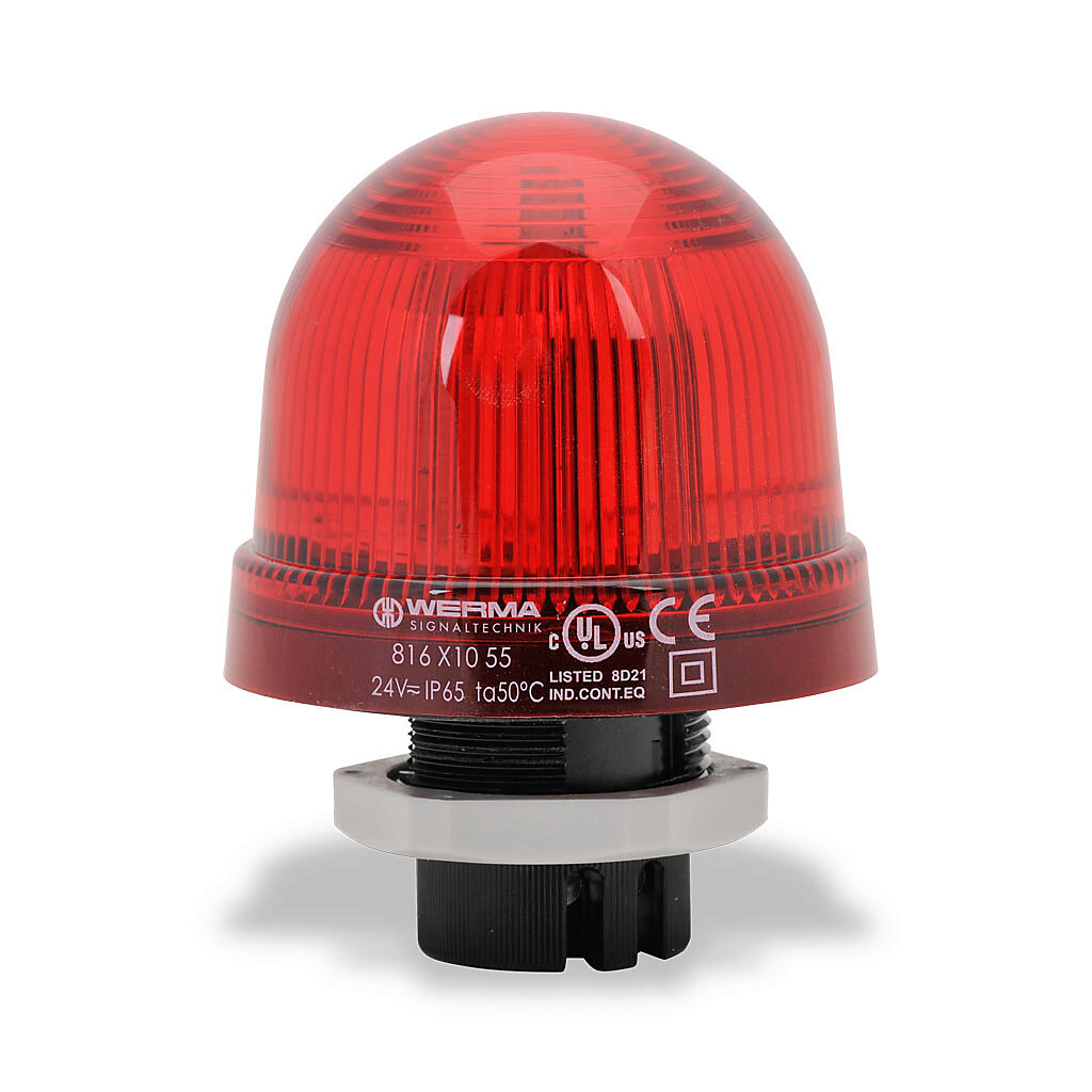 81611055 - WERMA LED industrial signal beacon, 75mm, red, blinking (1 Hz ON for 530ms), IP65, 37mm (PG 29) mount, 24 VAC/VDC.