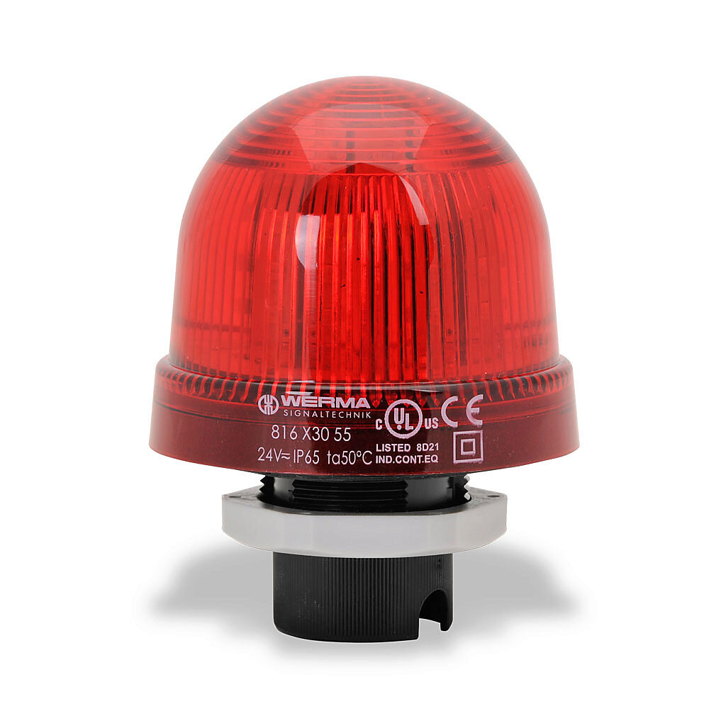 81613055 - WERMA LED industrial signal beacon, 75mm, red, rotating (120rpm), IP65, 37mm (PG 29) mount, 24 VAC/VDC.