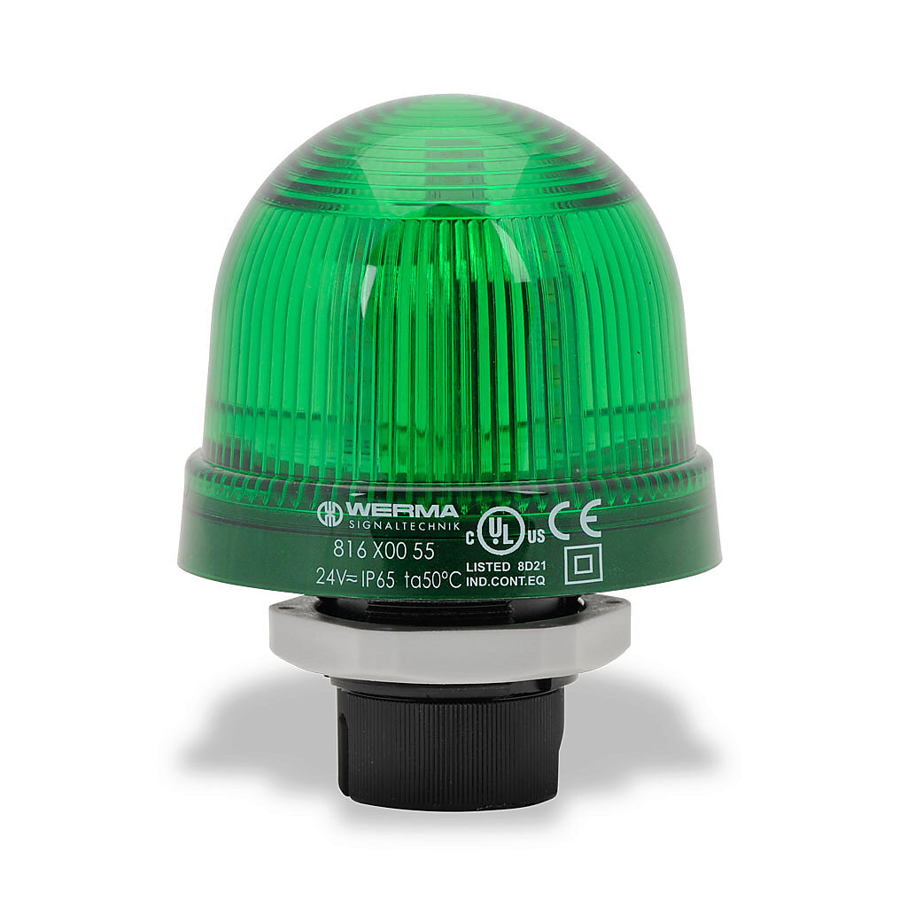 81620055 - WERMA LED industrial signal beacon, 75mm, green, permanent, IP65, 37mm (PG 29) mount, 24 VAC/VDC.
