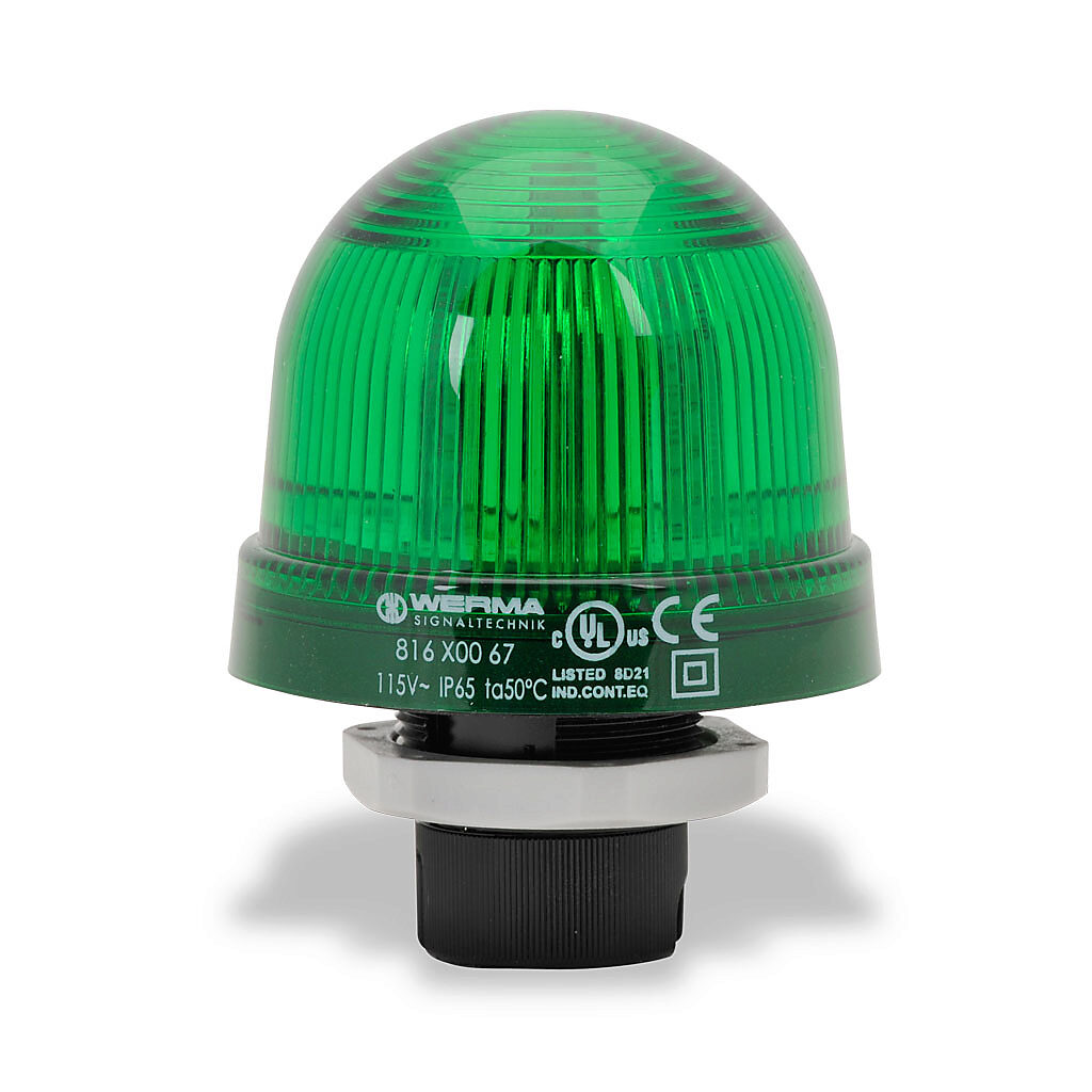 81620067 - WERMA LED industrial signal beacon, 75mm, green, permanent, IP65, 37mm (PG 29) mount, 115 VAC.