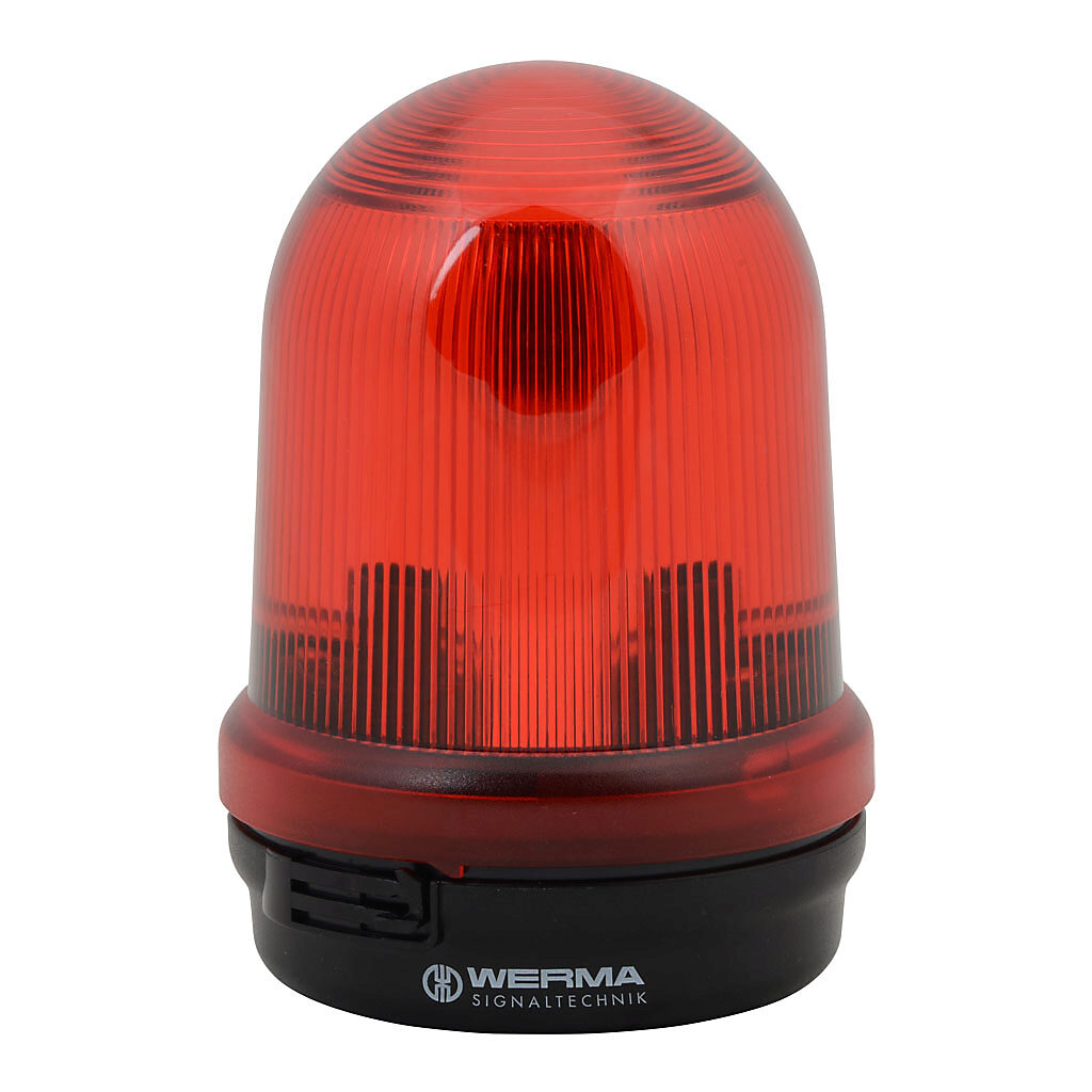 82610000 - WERMA incandescent industrial signal beacon, 98mm, red, permanent, IP65, base mount, 12-240 VAC/VDC. Requires incandescent bulb.