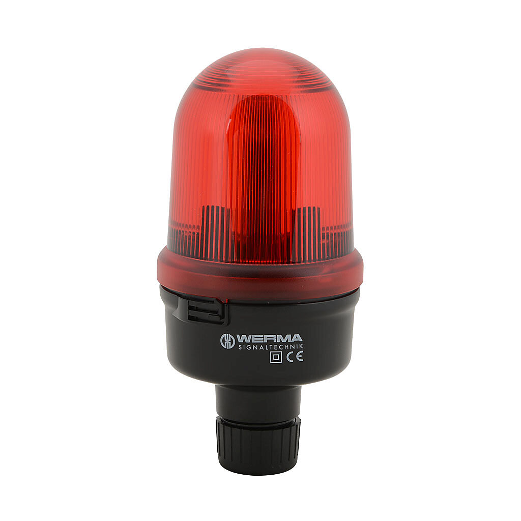 82611000 - WERMA incandescent industrial signal beacon, 98mm, red, permanent, IP65, tube mount, 12-240 VAC/VDC. Requires incandescent bulb.