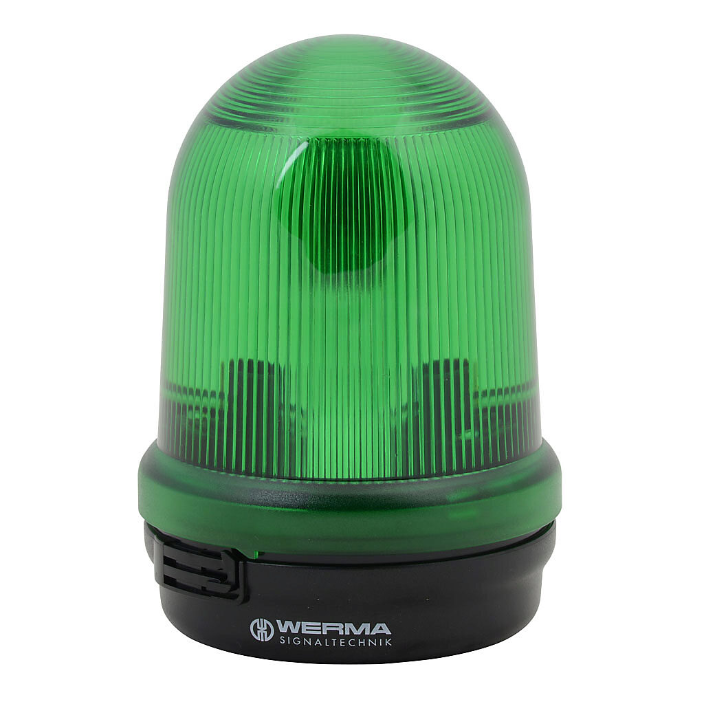 82620000 - WERMA incandescent industrial signal beacon, 98mm, green, permanent, IP65, base mount, 12-240 VAC/VDC. Requires incandescent bulb.