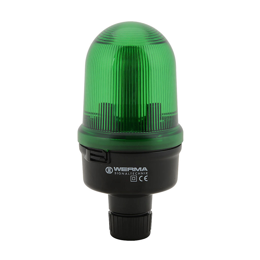 82621000 - WERMA incandescent industrial signal beacon, 98mm, green, permanent, IP65, tube mount, 12-240 VAC/VDC. Requires incandescent bulb.