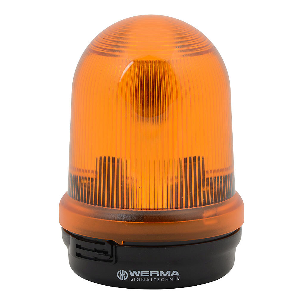 82630000 - WERMA incandescent industrial signal beacon, 98mm, yellow, permanent, IP65, base mount, 12-240 VAC/VDC. Requires incandescent bulb.