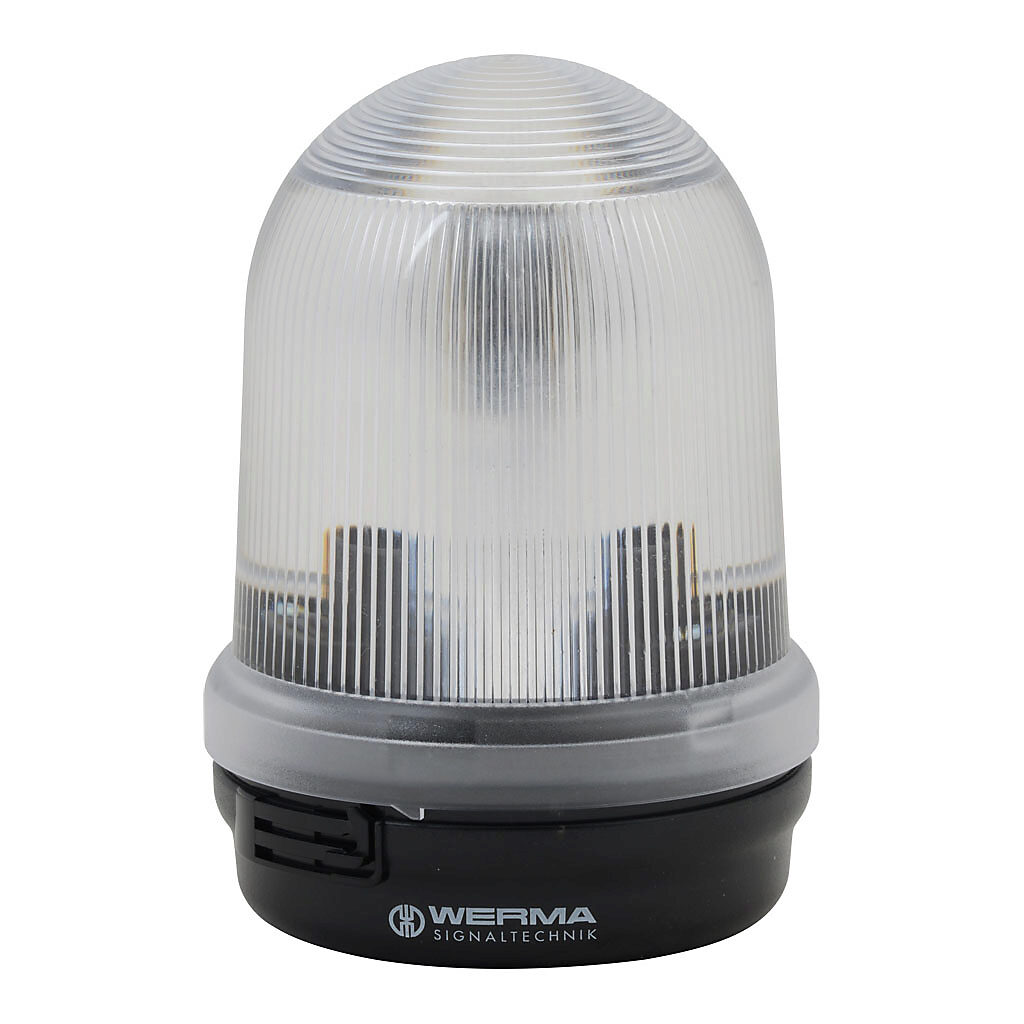 82640000 - WERMA incandescent industrial signal beacon, 98mm, clear/white, permanent, IP65, base mount, 12-240 VAC/VDC. Requires incandescent bulb.