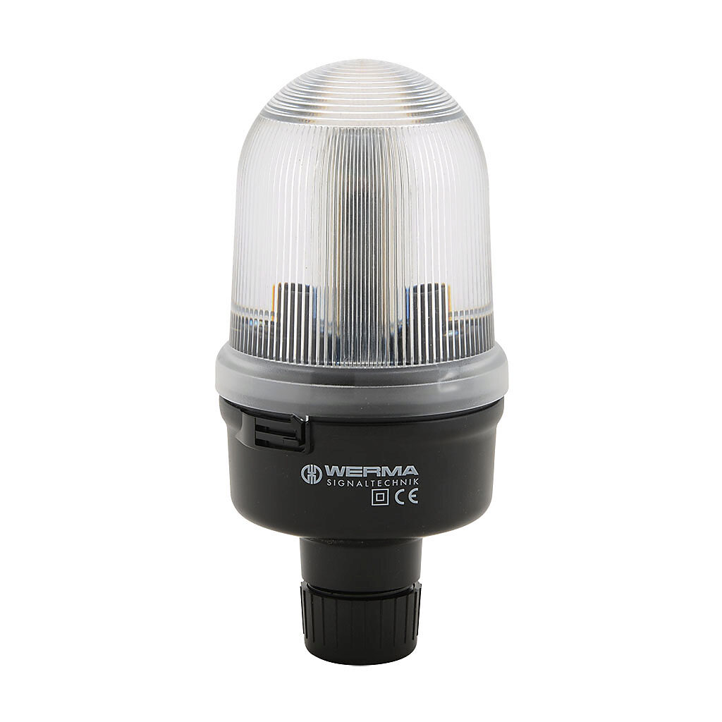 82641000 - WERMA incandescent industrial signal beacon, 98mm, clear/white, permanent, IP65, tube mount, 12-240 VAC/VDC. Requires incandescent bulb.