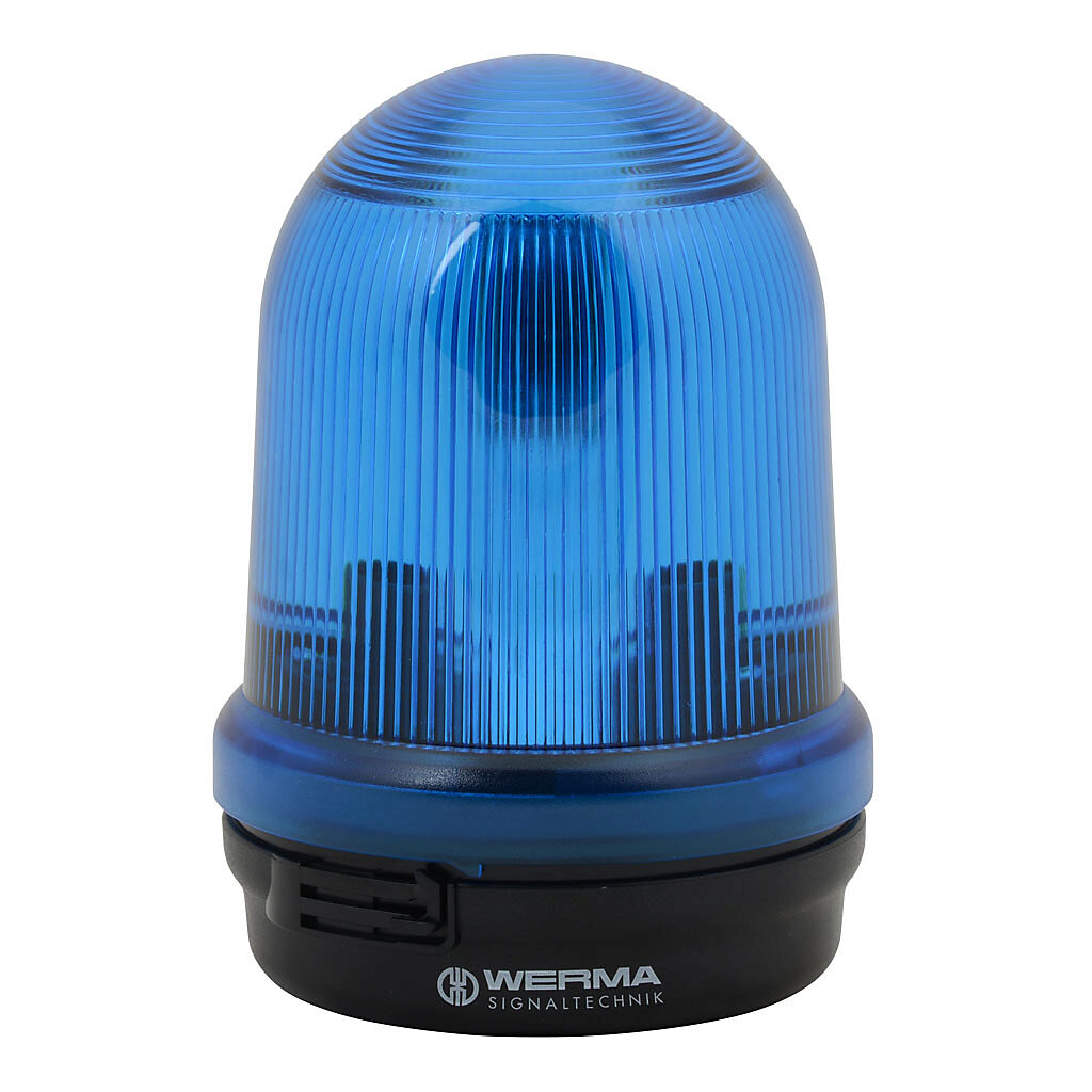 82650000 - WERMA incandescent industrial signal beacon, 98mm, blue, permanent, IP65, base mount, 12-240 VAC/VDC. Requires incandescent bulb.