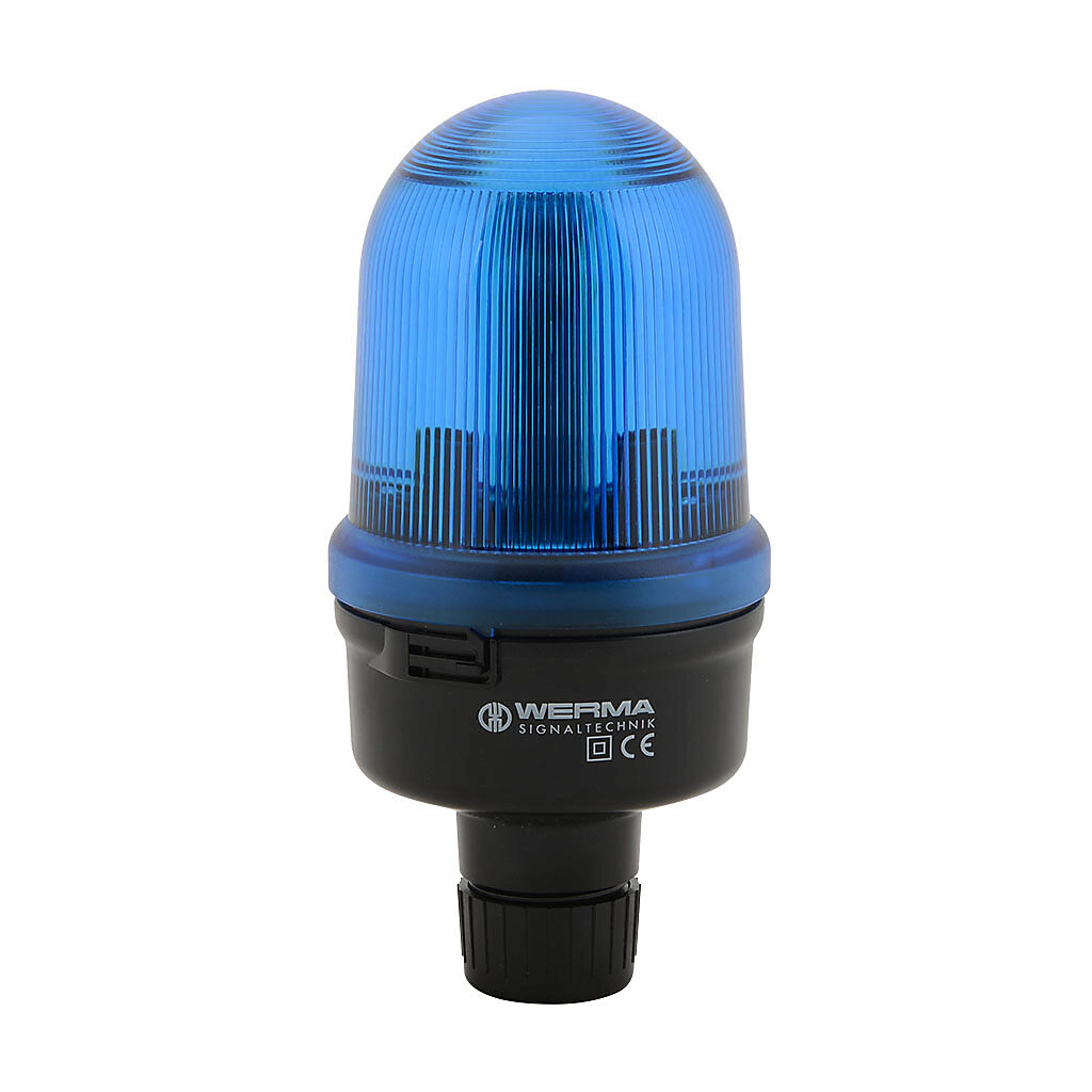 82651000 - WERMA incandescent industrial signal beacon, 98mm, blue, permanent, IP65, tube mount, 12-240 VAC/VDC. Requires incandescent bulb.