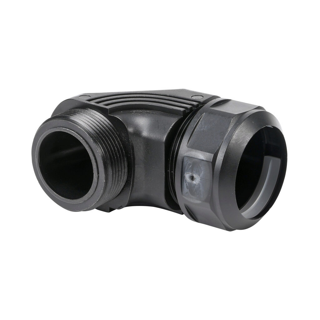 832056 - Murrplastik KW fitting, 90-degree, compression, M25/P21 tubing size, M32 x 1.5mm male thread, insulated, black. Package of 5. For use with EW-PAB and EW-PRF series flexible corrugated solid tubing and EWT-PA series flexible corrugated spl...