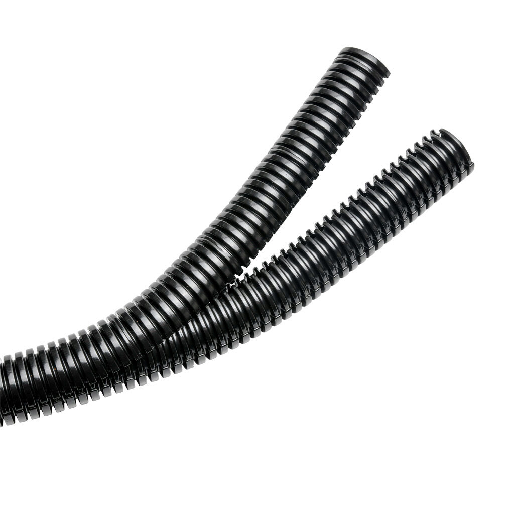 832502 - Murrplastik EWT-PA two-piece split flexible electrical tubing, polyamide, M25/P21 tubing size, black, 82ft/25m coil length.