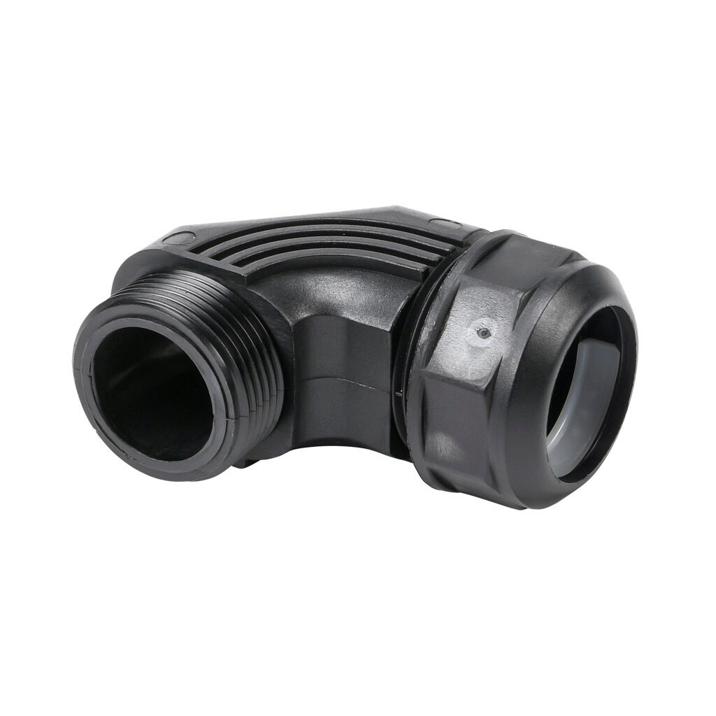 834054 - Murrplastik KW fitting, 90-degree, compression, M20/P16 tubing size, M25 x 1.5mm male thread, insulated, black. Package of 5. For use with EW-PAB and EW-PRF series flexible corrugated solid tubing and EWT-PA series flexible corrugated spl...