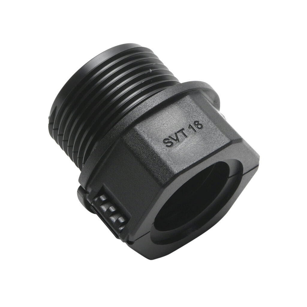 836016 - Murrplastik SVT fitting, threaded straight, clam shell, M25/P16 tubing size, M25 x 1.5mm male thread, insulated, black. Package of 5. For use with EW-PAB and EW-PRF series flexible corrugated solid tubing and EWT-PA series flexible corrug...