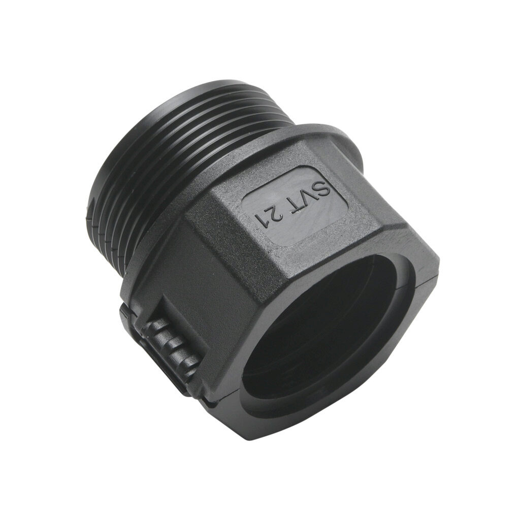 836020 - Murrplastik SVT fitting, threaded straight, clam shell, M32/P21 tubing size, M32 x 1.5mm male thread, insulated, black. Package of 5. For use with EW-PAB and EW-PRF series flexible corrugated solid tubing and EWT-PA series flexible corrug...