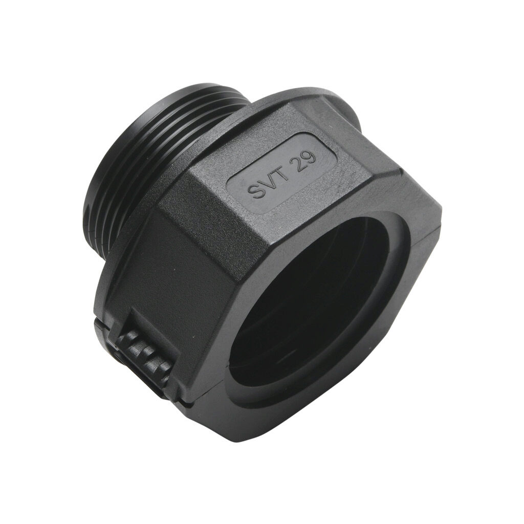 836022 - Murrplastik SVT fitting, threaded straight, clam shell, M32/P29 tubing size, M32 x 1.5mm male thread, insulated, black. Package of 5. For use with EW-PAB and EW-PRF series flexible corrugated solid tubing and EWT-PA series flexible corrug...