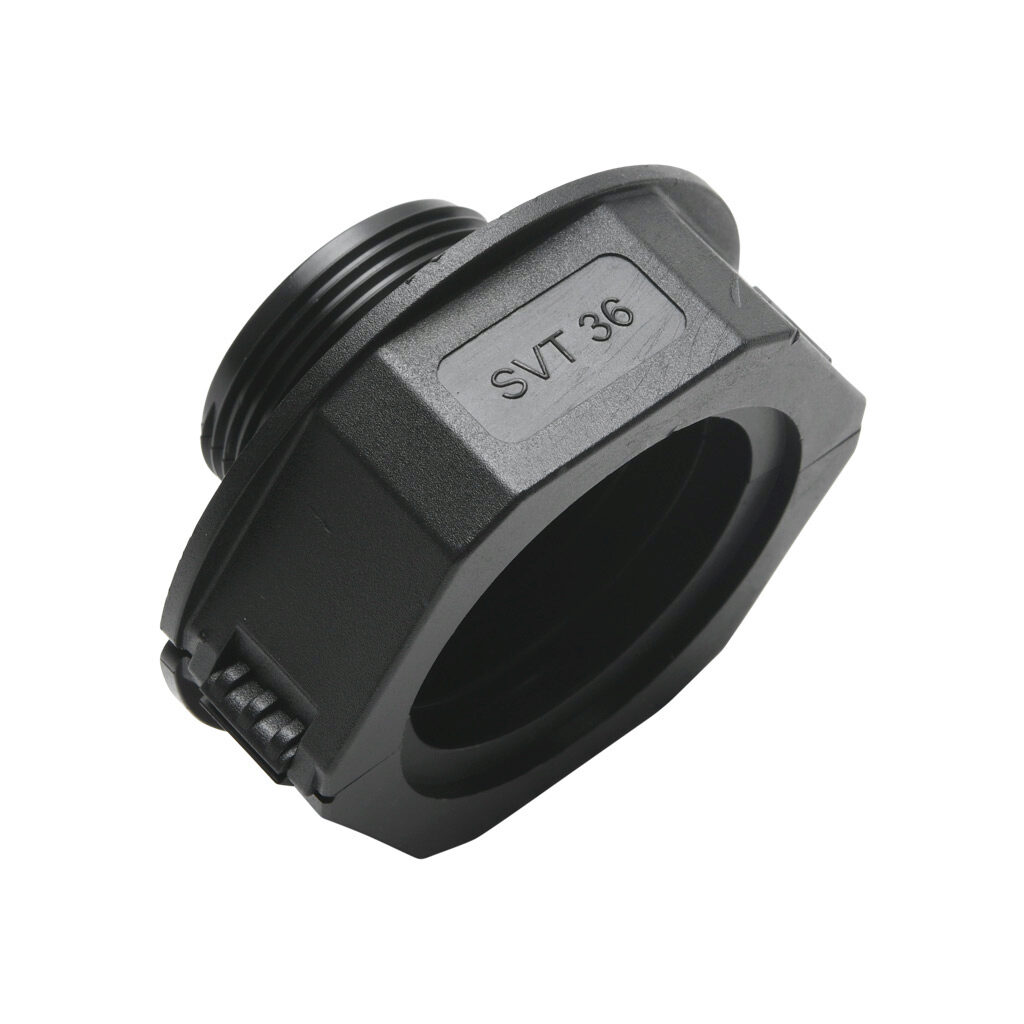 836024 - Murrplastik SVT fitting, threaded straight, clam shell, M32/P36 tubing size, M32 x 1.5mm male thread, insulated, black. Package of 5. For use with EW-PAB and EW-PRF series flexible corrugated solid tubing and EWT-PA series flexible corrug...