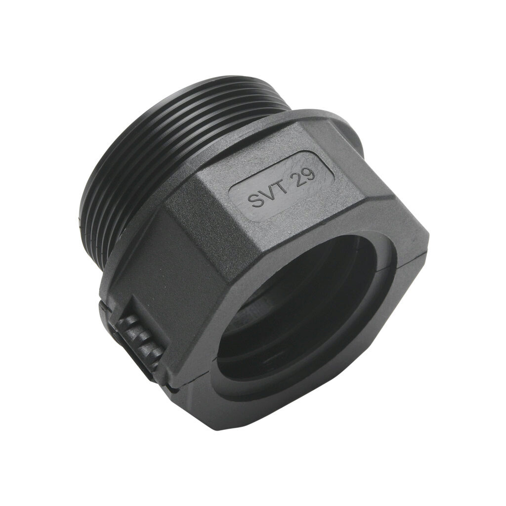 836026 - Murrplastik SVT fitting, threaded straight, clam shell, M40/P29 tubing size, M40 x 1.5mm male thread, insulated, black. Package of 5. For use with EW-PAB and EW-PRF series flexible corrugated solid tubing and EWT-PA series flexible corrug...