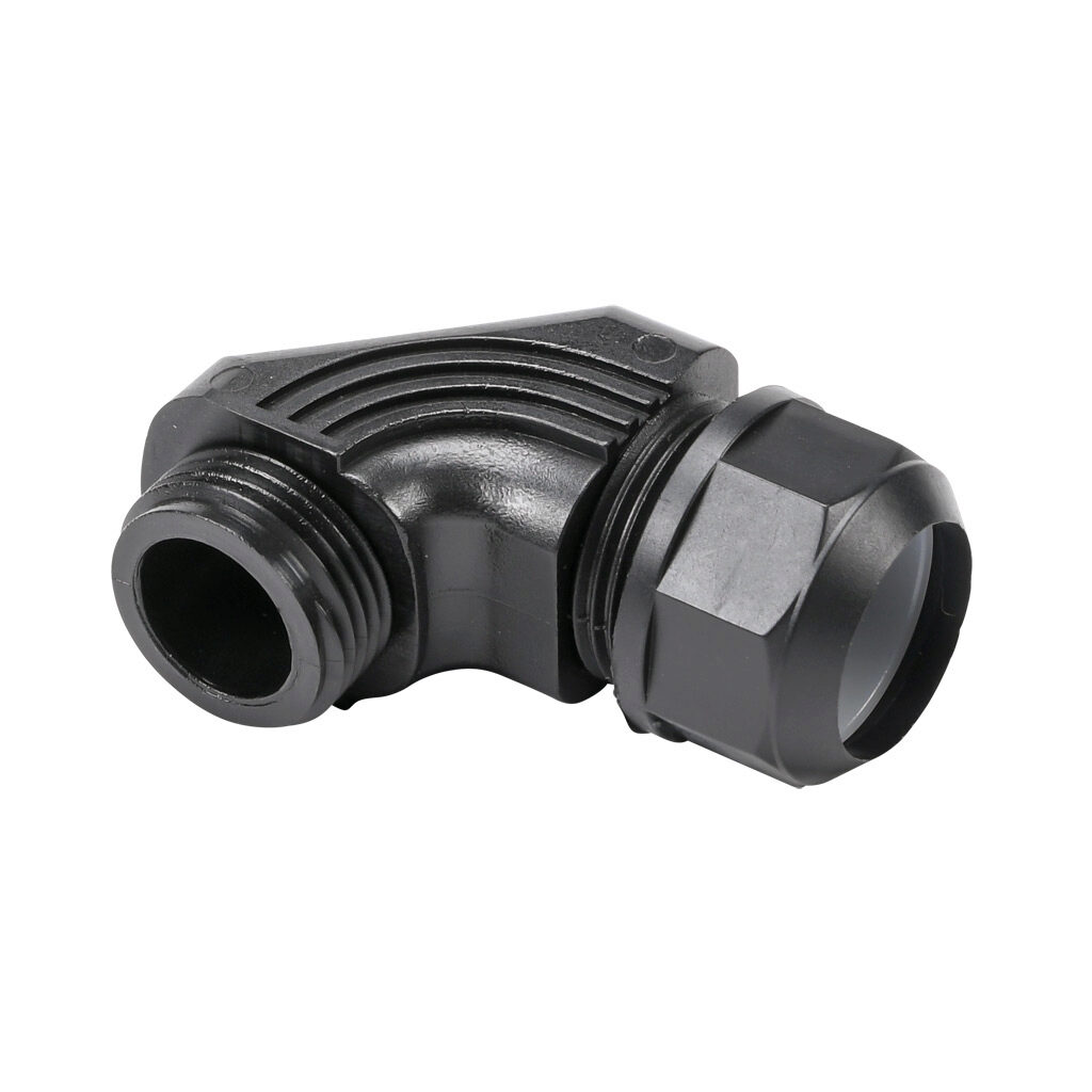 836052 - Murrplastik KW fitting, 90-degree, compression, M16/P11 tubing size, M20 x 1.5mm male thread, insulated, black. Package of 5. For use with EW-PAB and EW-PRF series flexible corrugated solid tubing and EWT-PA series flexible corrugated spl...