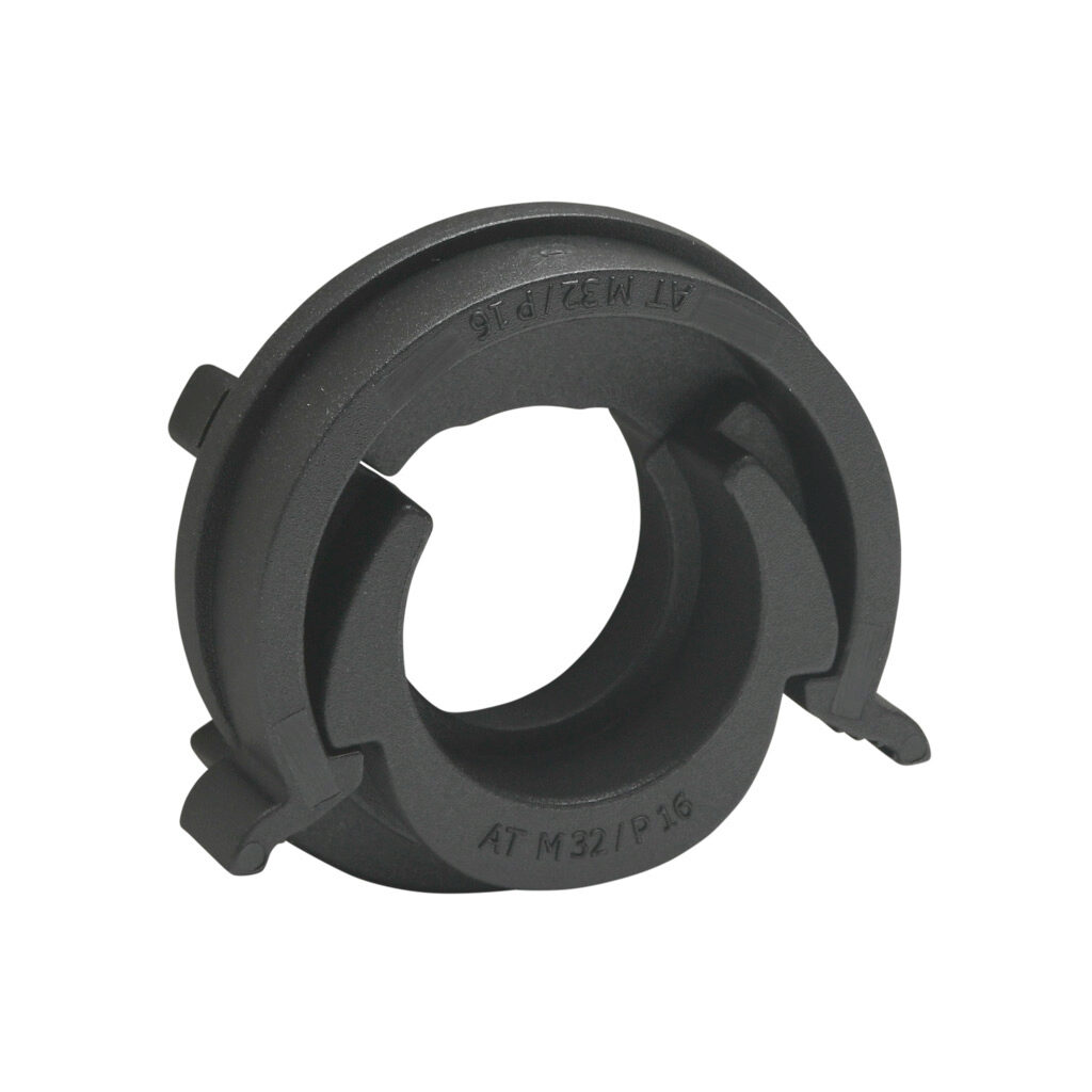 836405 - Murrplastik AT fitting, pass-through, snap-in, M20/P16 tubing size, snap-in panel hole, insulated, black. Package of 5. For use with EW-PAB and EW-PRF series flexible corrugated solid tubing and EWT-PA series flexible corrugated split tub...