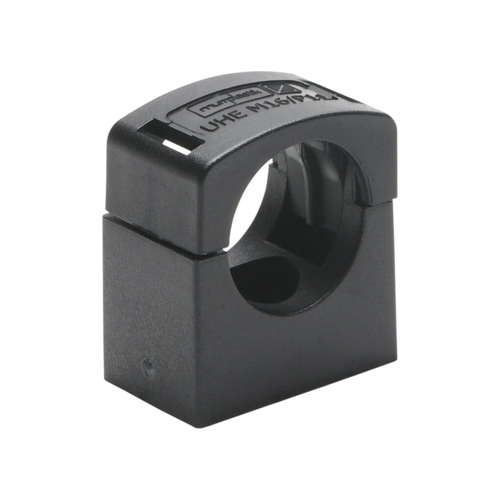 836503 - Murrplastik UHE mount, snap-in, M16/P11 tubing size, insulated, black. Package of 5. For use with EW-PAB and EW-PRF series flexible corrugated solid tubing and EWT-PA series flexible corrugated split tubing.