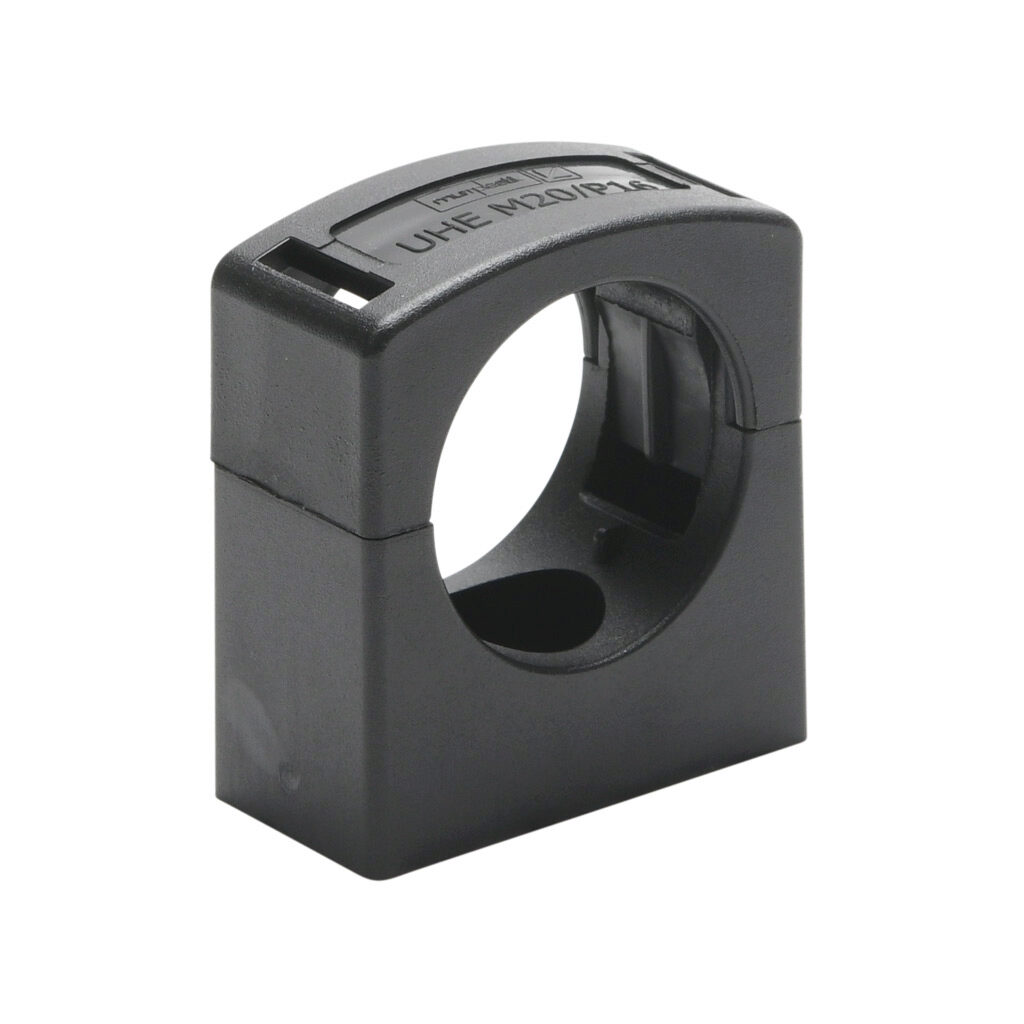 836505 - Murrplastik UHE mount, snap-in, M20/P16 tubing size, insulated, black. Package of 5. For use with EW-PAB and EW-PRF series flexible corrugated solid tubing and EWT-PA series flexible corrugated split tubing.