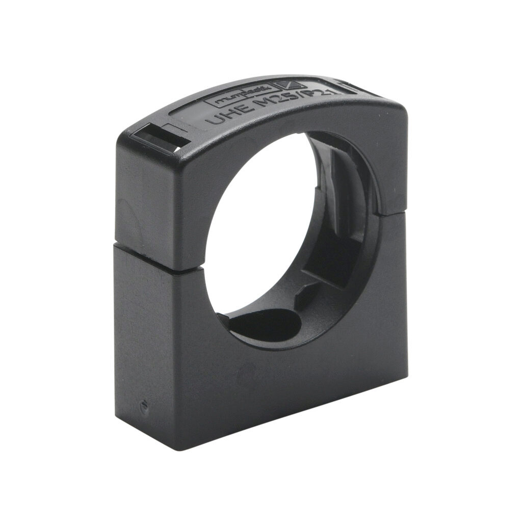 836507 - Murrplastik UHE mount, snap-in, M25/P21 tubing size, insulated, black. Package of 5. For use with EW-PAB and EW-PRF series flexible corrugated solid tubing and EWT-PA series flexible corrugated split tubing.