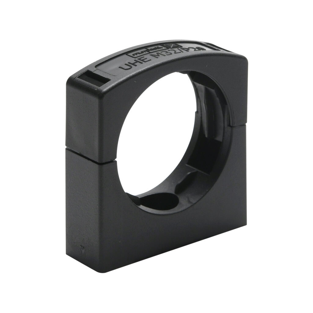 836509 - Murrplastik UHE mount, snap-in, M32/P29 tubing size, insulated, black. Package of 5. For use with EW-PAB and EW-PRF series flexible corrugated solid tubing and EWT-PA series flexible corrugated split tubing.