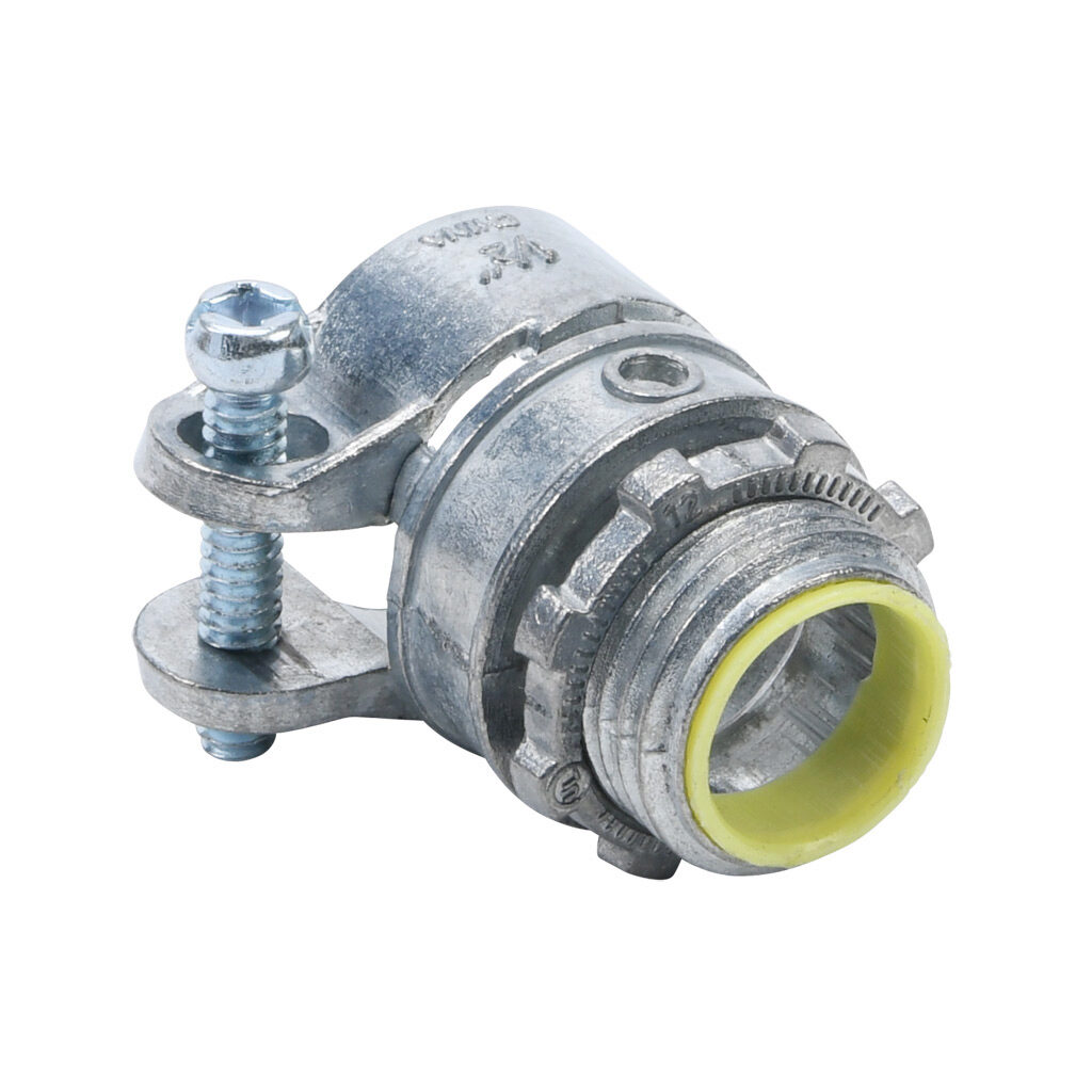 84205B - Halex fitting, zinc die cast, straight, 1/2in trade size, squeeze conduit connection, insulated. Package of 25. For use with flexible metal conduit (FMC), AC cable (BX), MC cable. Screw and locknut included.