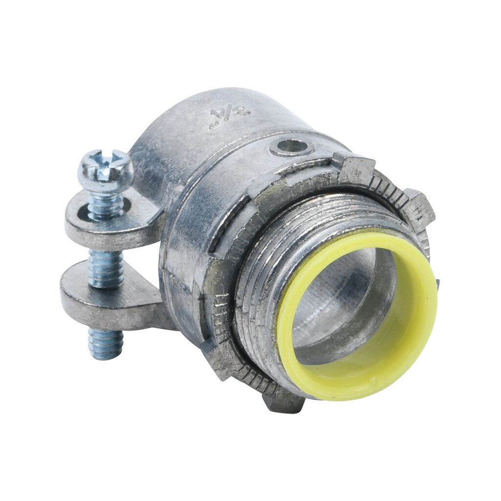 84207B - Halex fitting, zinc die cast, straight, 3/4in trade size, squeeze conduit connection, insulated. Package of 25. For use with flexible metal conduit (FMC), AC cable (BX), MC cable. Screw and locknut included.