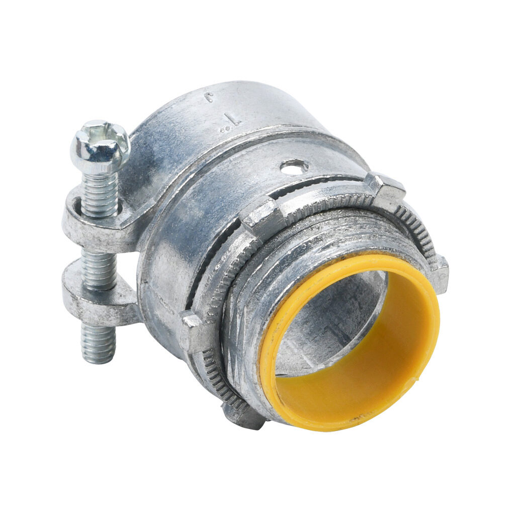 84210B - Halex fitting, zinc die cast, straight, 1in trade size, squeeze conduit connection, insulated. Package of 10. For use with flexible metal conduit (FMC), AC cable (BX), MC cable. Screw and locknut included.