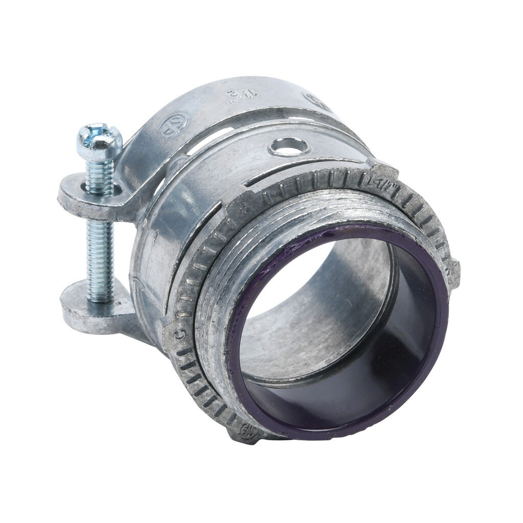 84215B - Halex fitting, zinc die cast, straight, 1-1/2in trade size, squeeze conduit connection, insulated. Package of 5. For use with flexible metal conduit (FMC). Screw and locknut included.