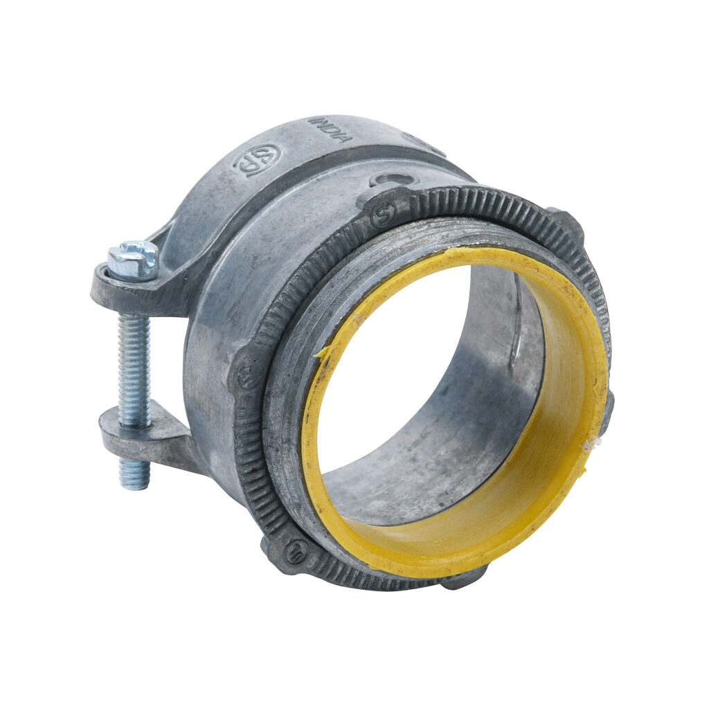 84220B - Halex fitting, zinc die cast, straight, 2in trade size, squeeze conduit connection, insulated. Package of 10. For use with flexible metal conduit (FMC). Screw and locknut included.