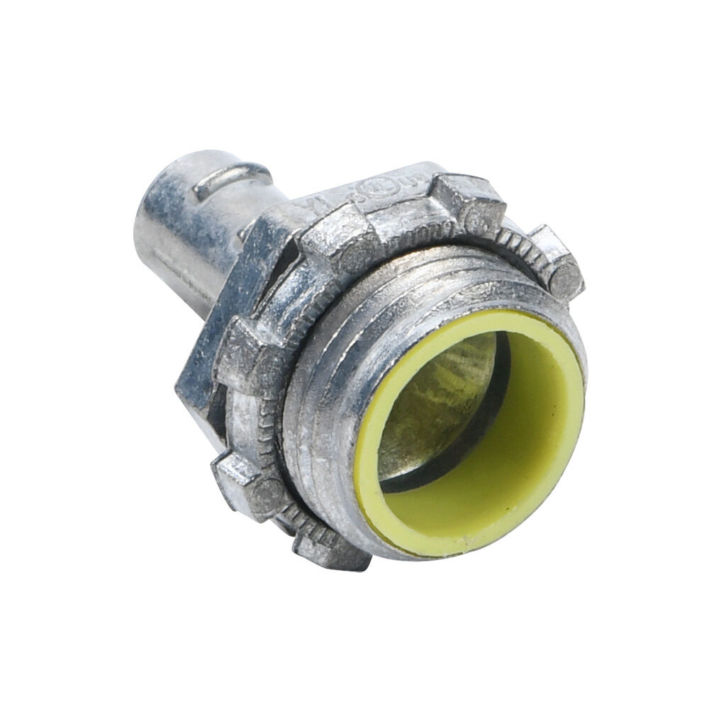 84403B - Halex fitting, zinc die cast, straight, 3/8in trade size, screw-in conduit connection, insulated. Package of 50. For use with flexible metal conduit (FMC). Locknut included.