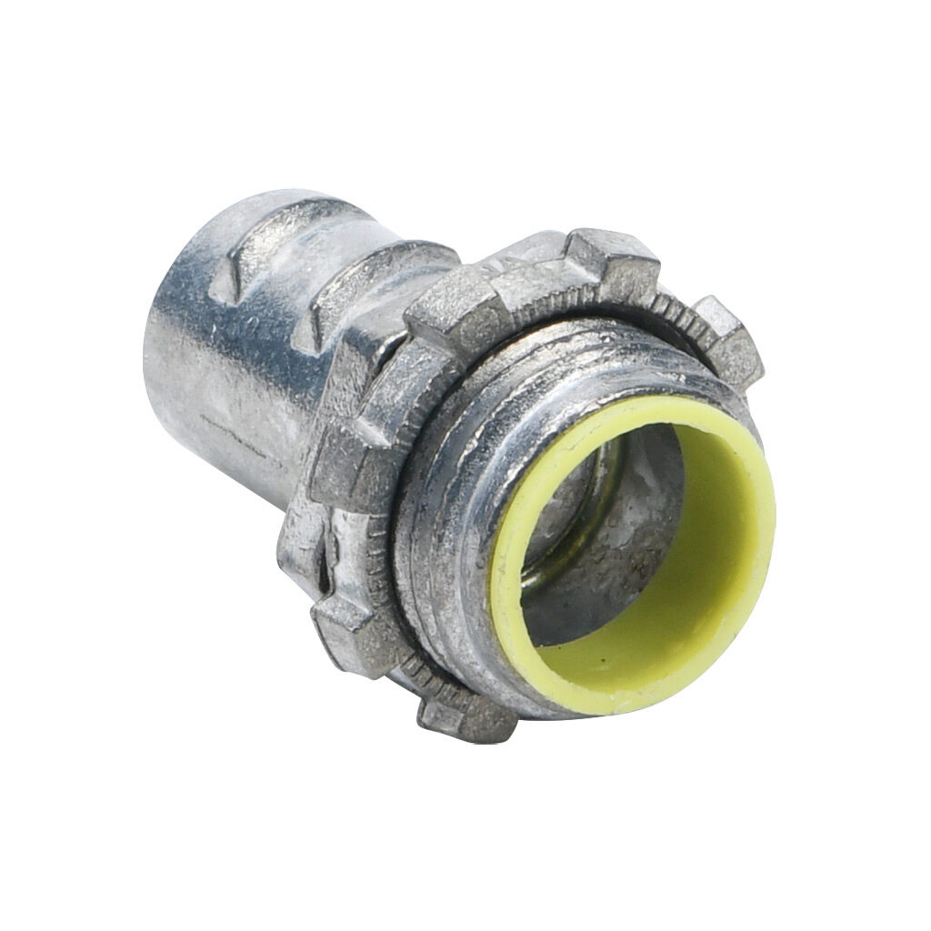84405B - Halex fitting, zinc die cast, straight, 1/2in trade size, screw-in conduit connection, insulated. Package of 50. For use with flexible metal conduit (FMC). Locknut included.