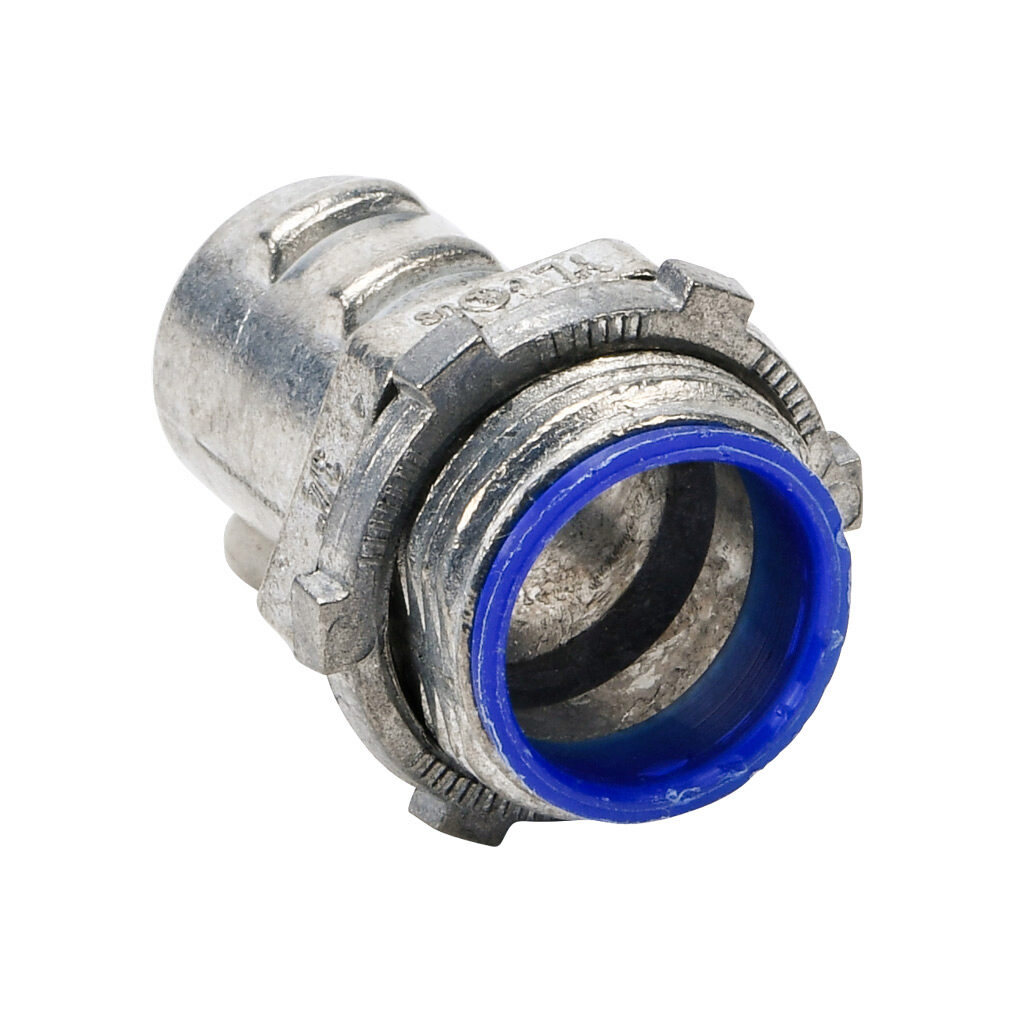 84407B - Halex fitting, zinc die cast, straight, 3/4in trade size, screw-in conduit connection, insulated. Package of 25. For use with flexible metal conduit (FMC). Locknut included.