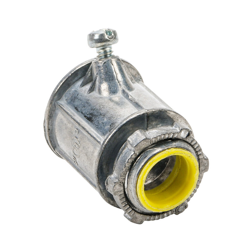 84805B - Halex fitting, zinc die cast, straight, 1/2in trade size, set-screw conduit connection, insulated. Package of 25. For use with flexible metal conduit (FMC). Screw and locknut included.