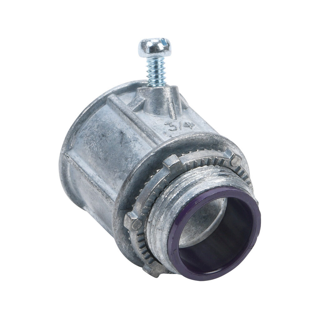 84807B - Halex fitting, zinc die cast, straight, 3/4in trade size, set-screw conduit connection, insulated. Package of 25. For use with flexible metal conduit (FMC). Screw and locknut included.