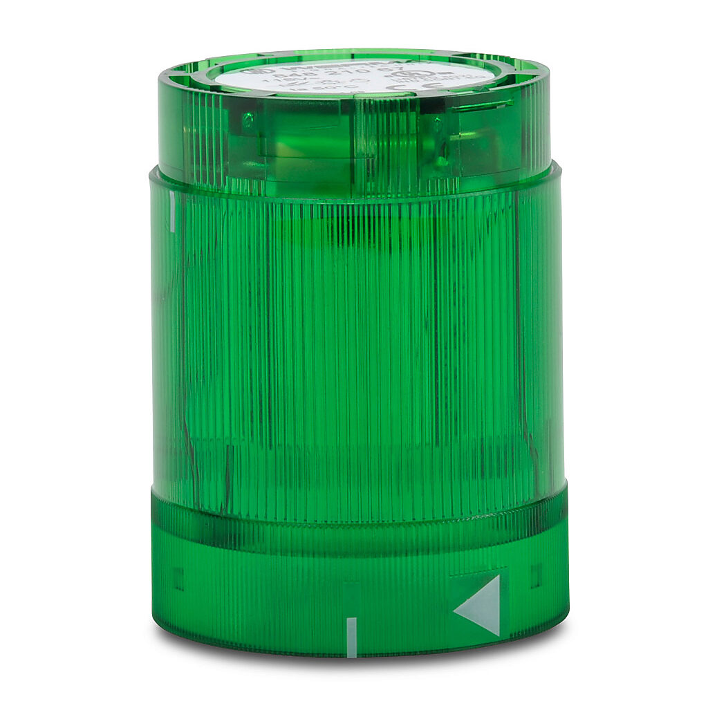 84821067 - WERMA LED light element, 50mm diameter, green, blinking (1 Hz ON for 550ms) light function, 115 VAC, colored lens, IP54.