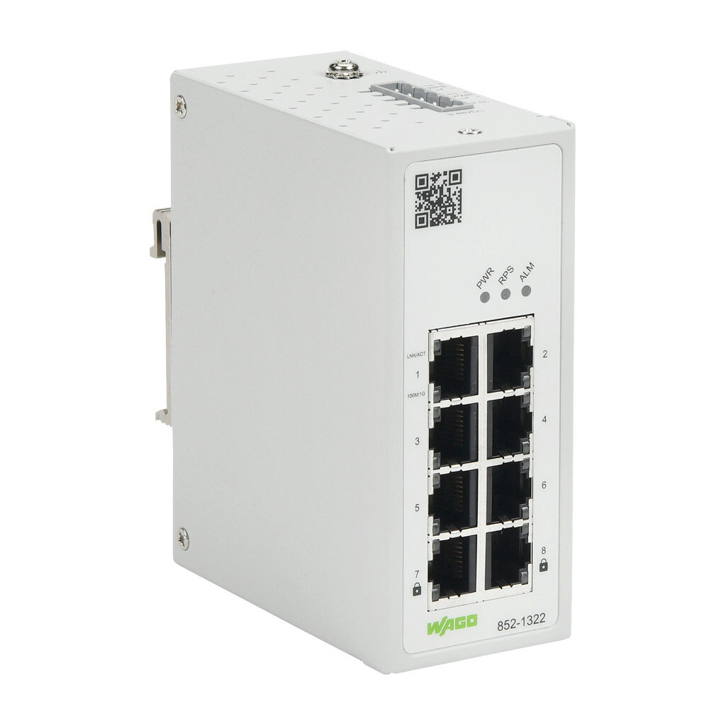 852-1322 - WAGO industrial lean managed Ethernet switch, MAC Security, 8 ports, (8) Ethernet Gigabit (RJ45) port(s), Modbus TCP and SNMP, -20 to +70 deg C, metal housing, IP30, 35mm DIN rail mount.