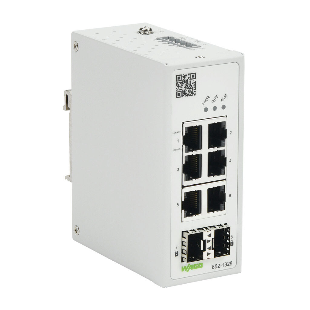 852-1328 - WAGO industrial lean managed Ethernet switch, MAC Security, 8 ports, (6) Ethernet Gigabit (RJ45) and (2) SFP combo Gigabit port(s), Modbus TCP and SNMP, -20 to +70 deg C, metal housing, IP30, 35mm DIN rail mount.