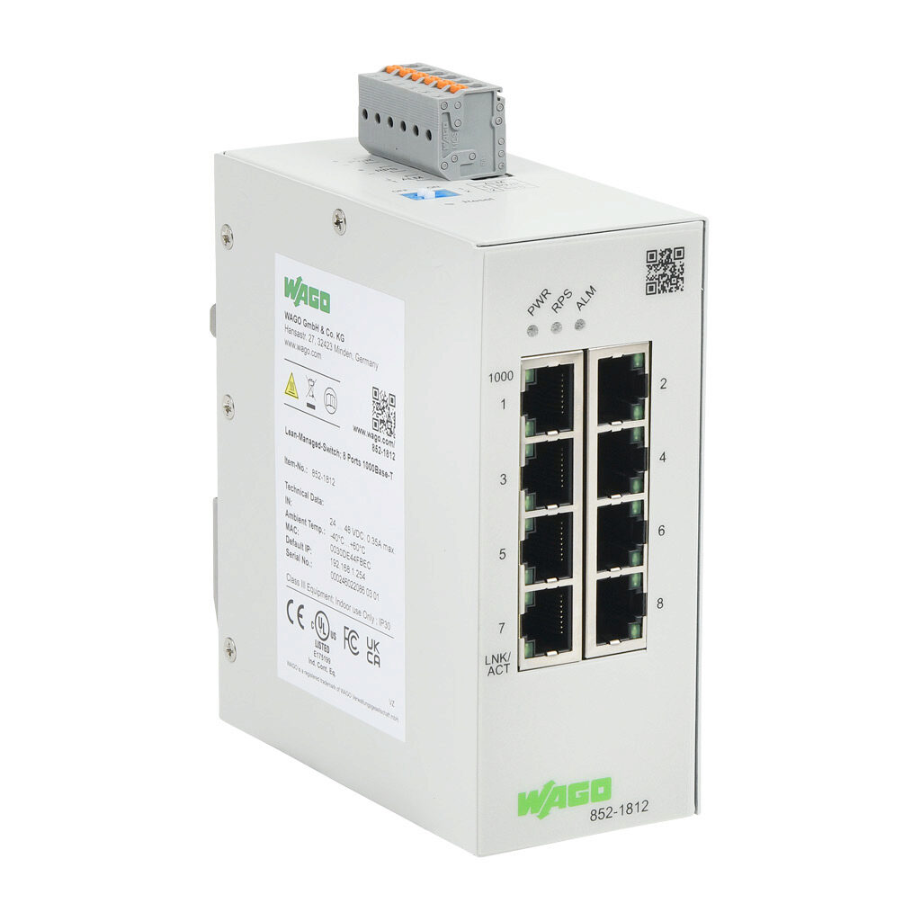 852-1812 - WAGO industrial lean managed Ethernet switch, 8 ports, (8) Ethernet Gigabit (RJ45) port(s), Modbus TCP and SNMP, -40 to +60 deg C, metal housing, IP30, 35mm DIN rail mount.