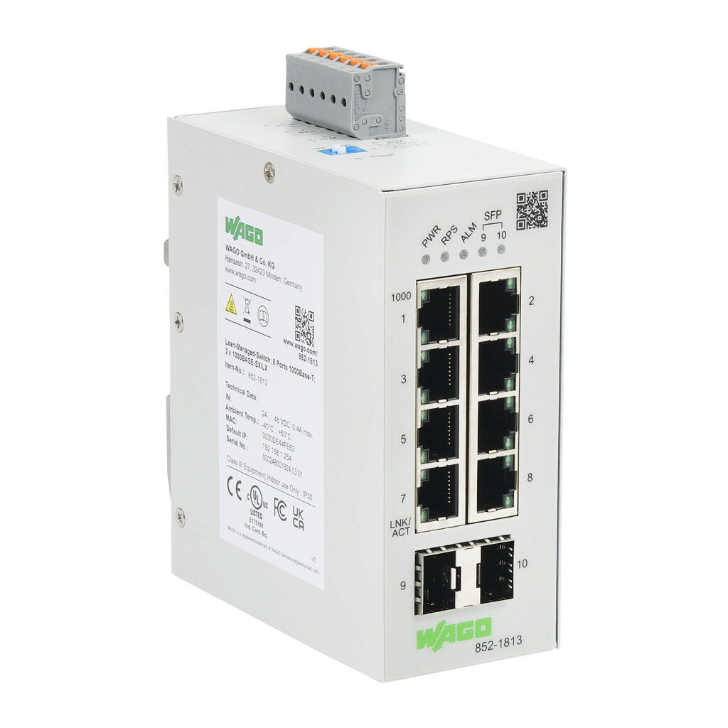852-1813 - WAGO industrial lean managed Ethernet switch, 10 ports, (8) Ethernet Gigabit (RJ45) and (2) SFP combo Gigabit port(s), Modbus TCP and SNMP, -40 to +60 deg C, metal housing, IP30, 35mm DIN rail mount.